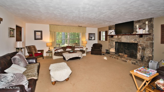 carpeted living room with a stone fireplace and a textured ceiling