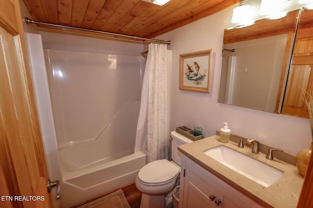 full bathroom with vanity, shower / bath combo with shower curtain, toilet, and wood ceiling