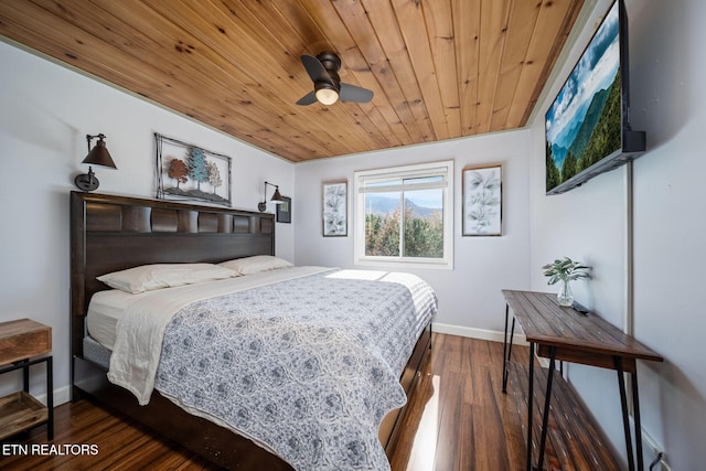 bedroom with dark wood-type flooring, ceiling fan, and wood ceiling