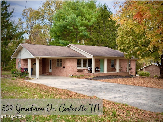 ranch-style home featuring a porch and a carport