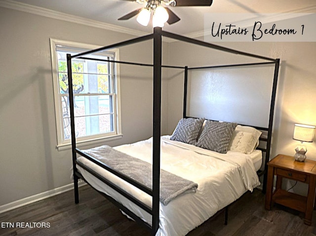 bedroom with ceiling fan, dark wood-type flooring, and ornamental molding