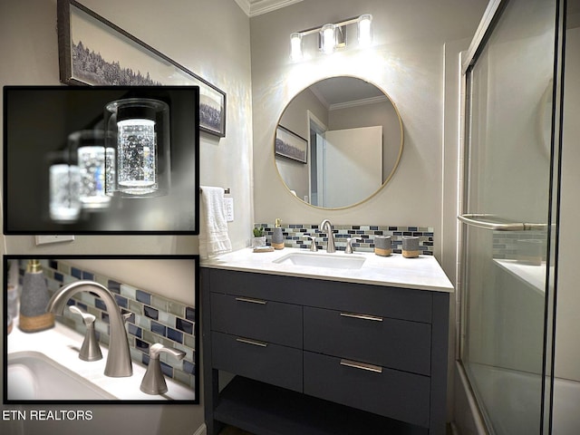 bathroom with decorative backsplash, vanity, and ornamental molding