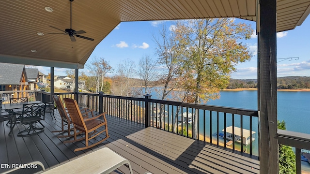 wooden terrace featuring a water view and ceiling fan