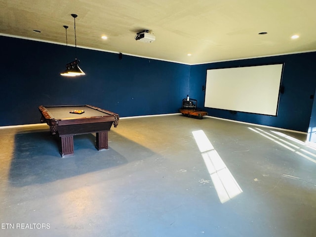 home theater room featuring pool table and concrete floors