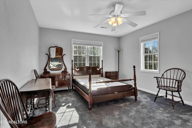 bedroom featuring multiple windows and dark colored carpet