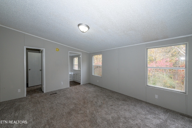 unfurnished bedroom featuring a textured ceiling, carpet floors, vaulted ceiling, and ensuite bath