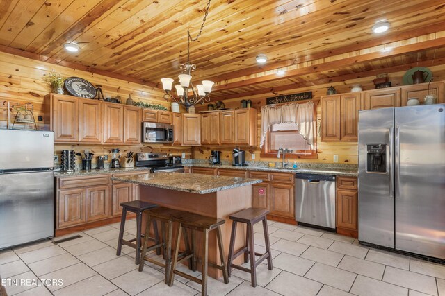 kitchen with appliances with stainless steel finishes, pendant lighting, light stone countertops, wooden ceiling, and a center island