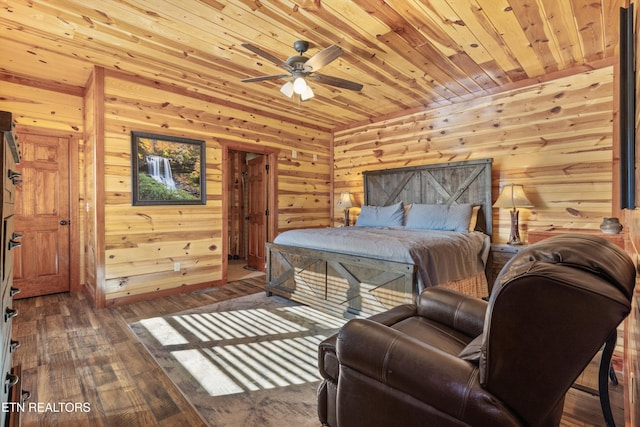 bedroom featuring dark wood-type flooring, wooden walls, wooden ceiling, and ceiling fan