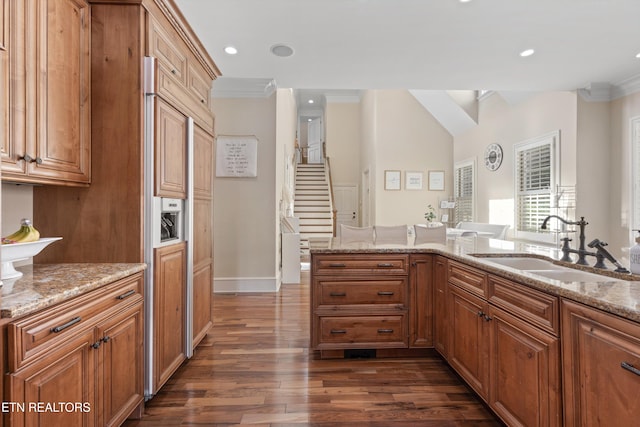 kitchen with light stone counters, sink, dark hardwood / wood-style floors, and ornamental molding