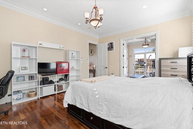 bedroom with access to outside, dark wood-type flooring, a notable chandelier, and ornamental molding