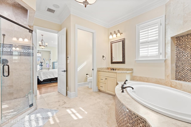 full bathroom featuring toilet, vanity, separate shower and tub, and crown molding