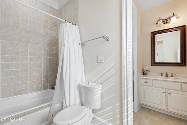 full bathroom featuring shower / bath combo with shower curtain, crown molding, tile patterned flooring, and vanity