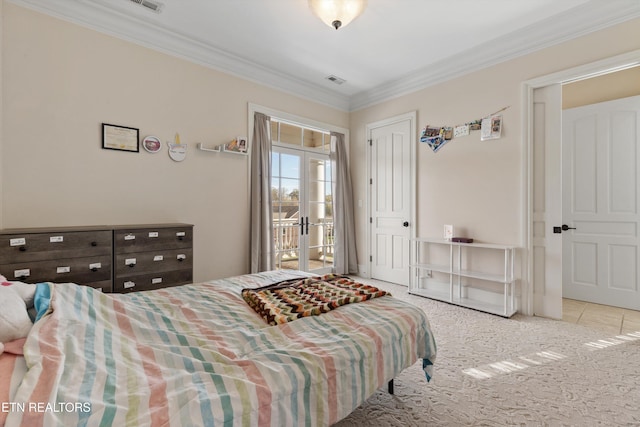 bedroom with access to exterior, light colored carpet, and ornamental molding