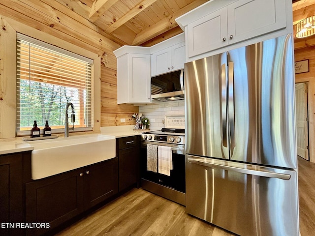 kitchen featuring stainless steel appliances, wooden ceiling, sink, white cabinets, and wooden walls