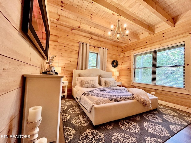 bedroom featuring wood walls, wood ceiling, an inviting chandelier, hardwood / wood-style flooring, and beamed ceiling