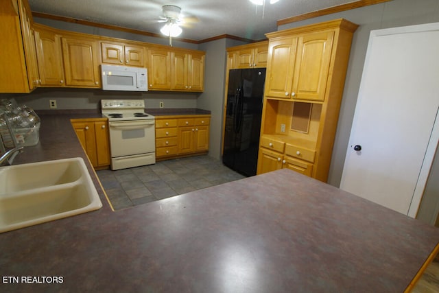 kitchen featuring ceiling fan, sink, white appliances, and ornamental molding