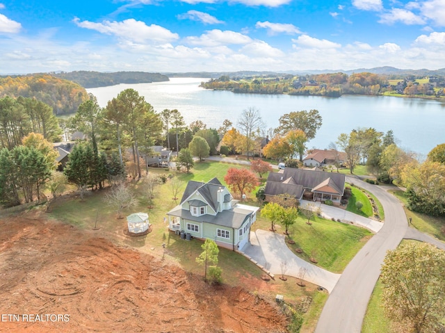 drone / aerial view featuring a water view