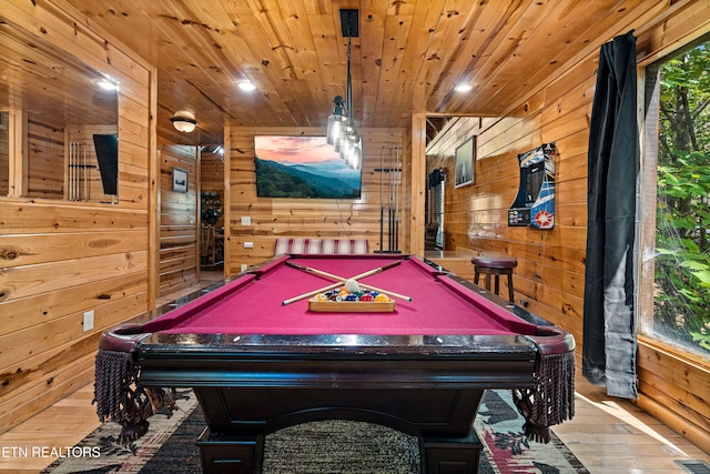 rec room featuring wooden walls, wood-type flooring, billiards, and wood ceiling