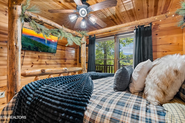 bedroom with wooden walls and wooden ceiling