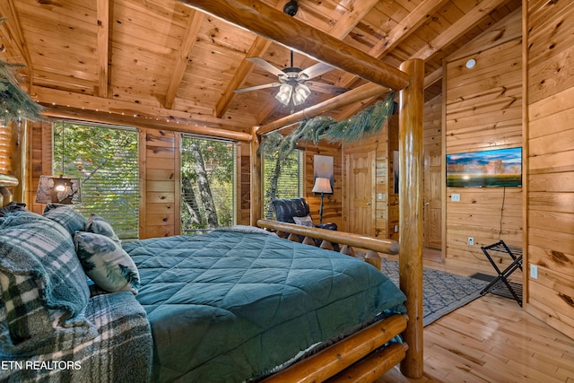 bedroom featuring beam ceiling, wooden walls, wood-type flooring, and wood ceiling