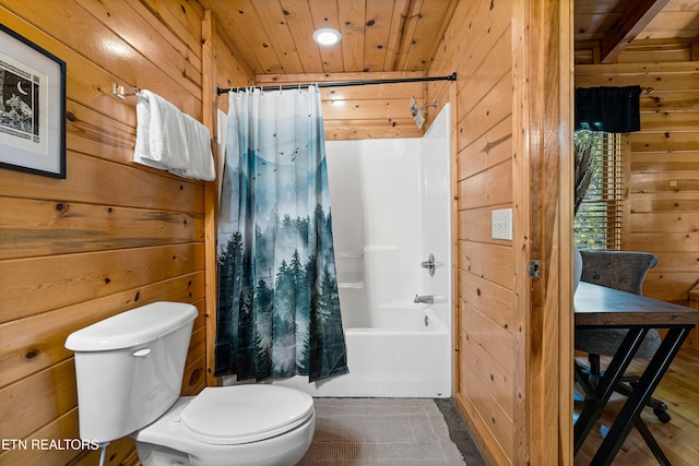 bathroom featuring shower / bath combo, wooden walls, and wood ceiling