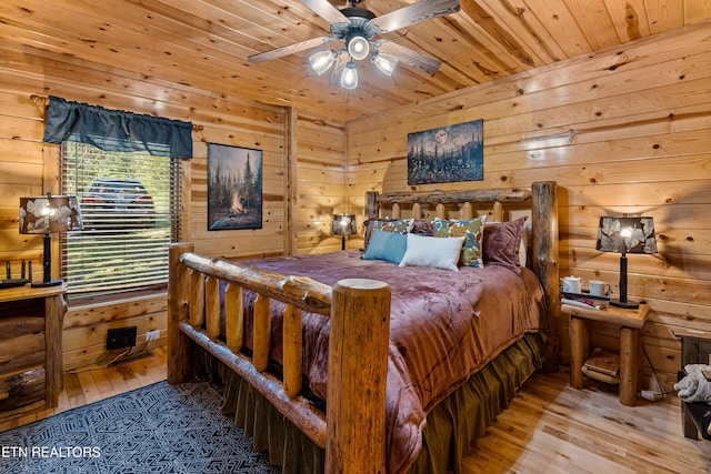 bedroom featuring light wood-type flooring, wooden walls, ceiling fan, and wood ceiling