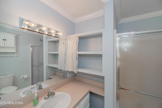 bathroom with vanity, toilet, an enclosed shower, and ornamental molding