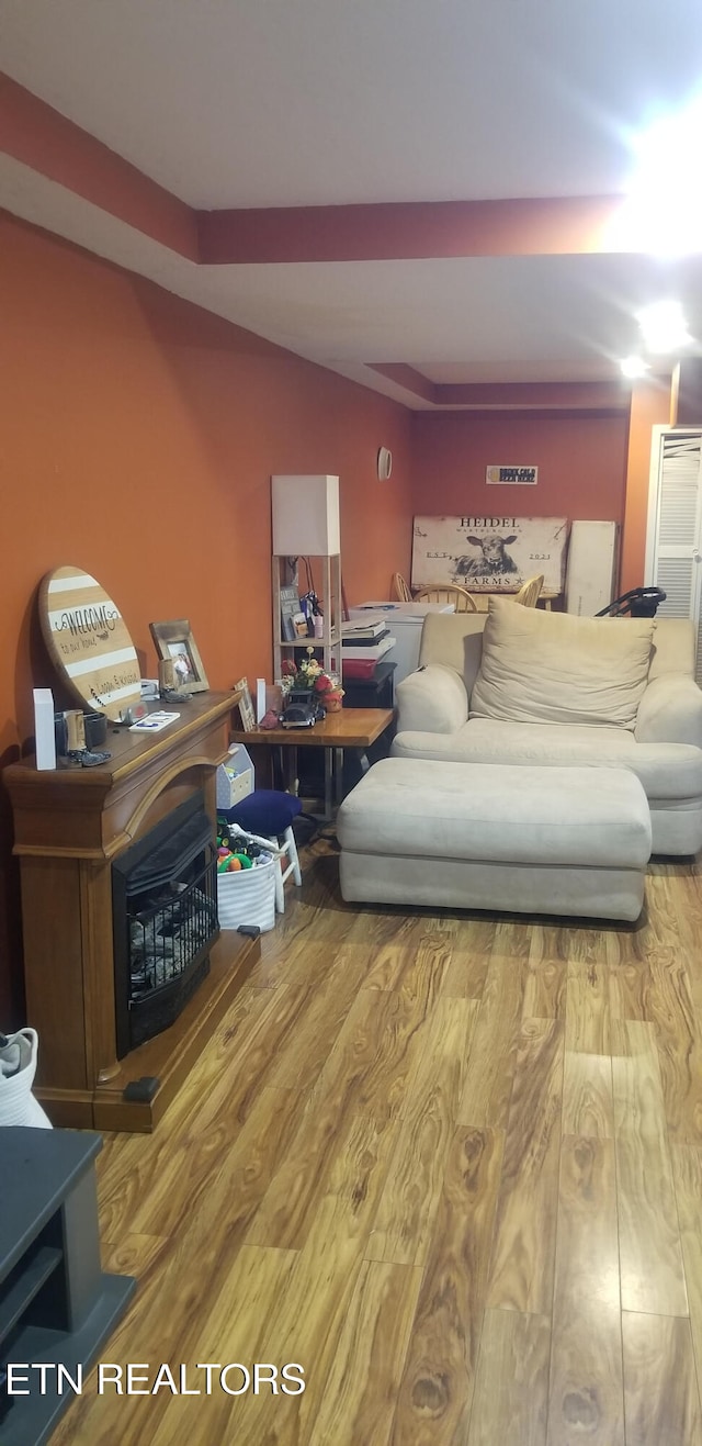 living room with hardwood / wood-style flooring and lofted ceiling