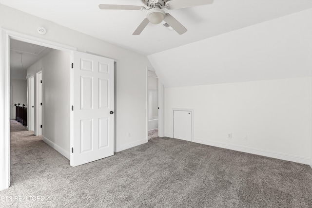 bonus room featuring carpet flooring, ceiling fan, and vaulted ceiling