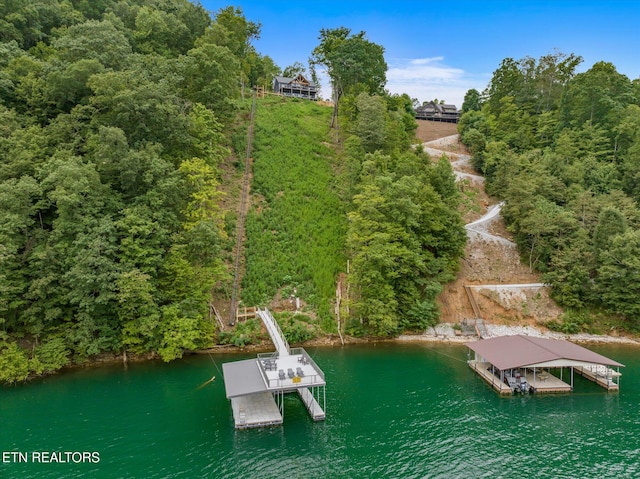 drone / aerial view with a water view