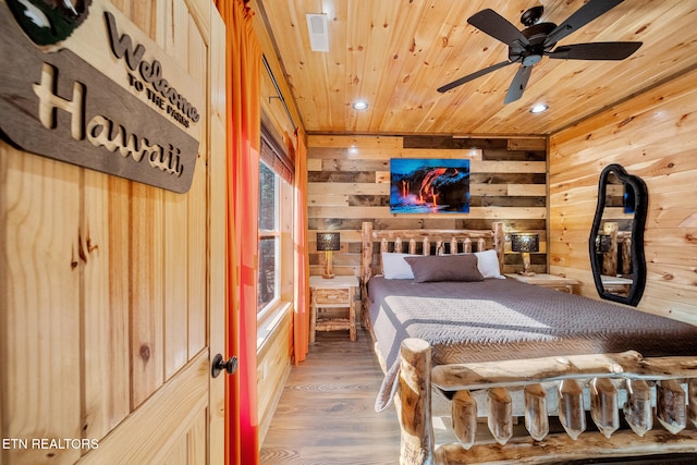 bedroom with wood ceiling, ceiling fan, wood-type flooring, and wooden walls