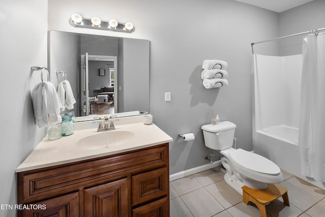 full bathroom featuring toilet, vanity, tile patterned floors, and shower / tub combo with curtain