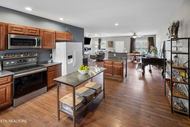 kitchen featuring wood-type flooring, ceiling fan, and appliances with stainless steel finishes