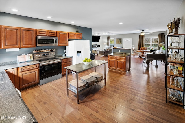 kitchen with light hardwood / wood-style flooring, ceiling fan, and stainless steel appliances