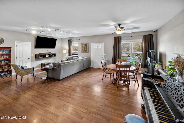 living room featuring a textured ceiling, hardwood / wood-style flooring, and ceiling fan