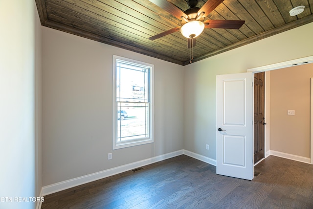 unfurnished room featuring ornamental molding, dark hardwood / wood-style flooring, ceiling fan, and wooden ceiling