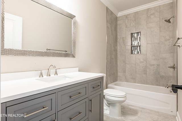 full bathroom with vanity, tiled shower / bath, tile patterned flooring, toilet, and ornamental molding