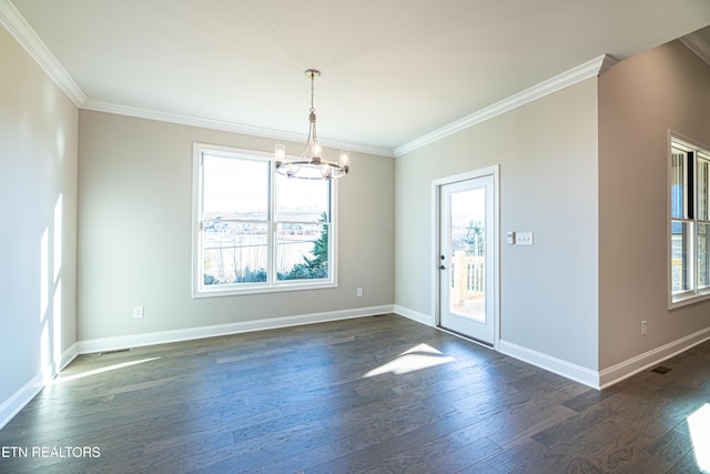 interior space with a notable chandelier, plenty of natural light, crown molding, and dark wood-type flooring