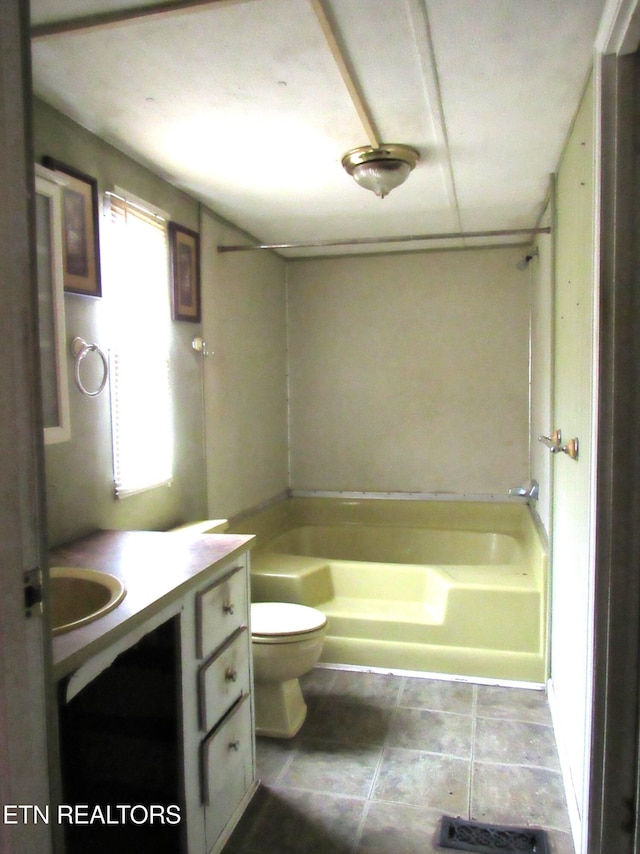 full bathroom with vanity, toilet, tile patterned flooring, and bathtub / shower combination