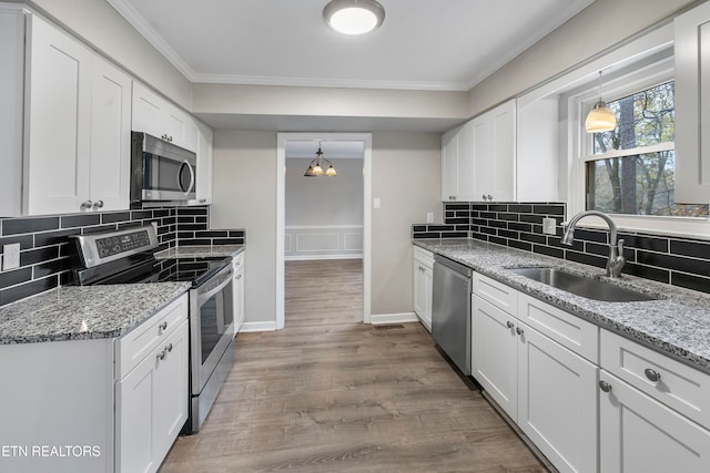 kitchen featuring decorative backsplash, sink, white cabinetry, and stainless steel appliances