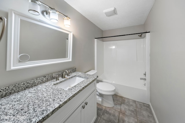 full bathroom with a textured ceiling, vanity, shower / tub combination, tile patterned flooring, and toilet