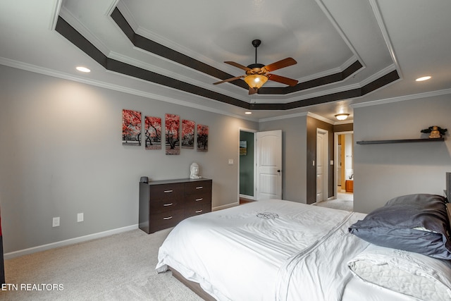 bedroom with light carpet, ceiling fan, crown molding, and a raised ceiling