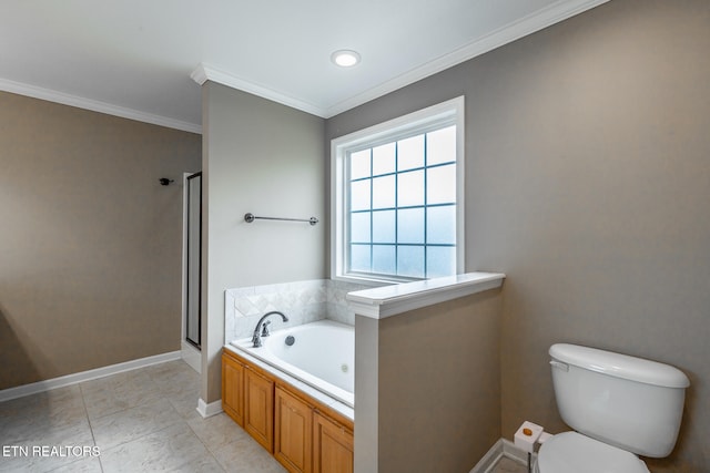 bathroom featuring toilet, tile patterned flooring, separate shower and tub, and ornamental molding