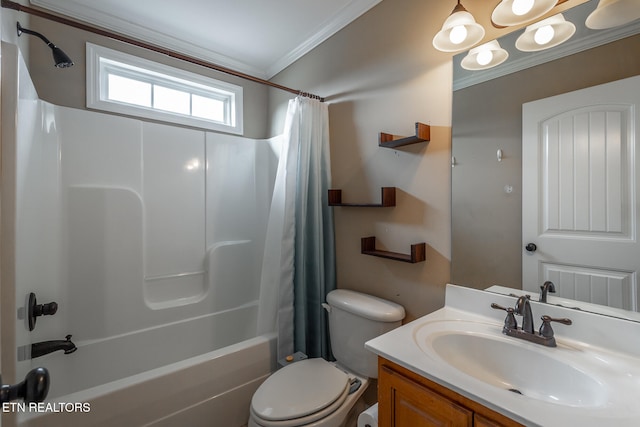 full bathroom with toilet, vanity, crown molding, and shower / bathtub combination with curtain