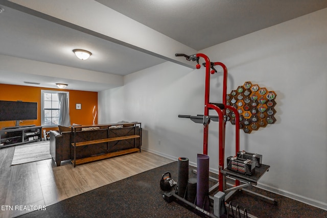 workout area featuring hardwood / wood-style flooring