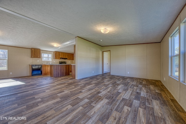 unfurnished living room featuring a textured ceiling and dark wood-type flooring