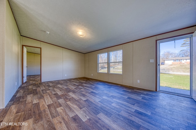 spare room featuring vaulted ceiling, a textured ceiling, and dark wood-type flooring