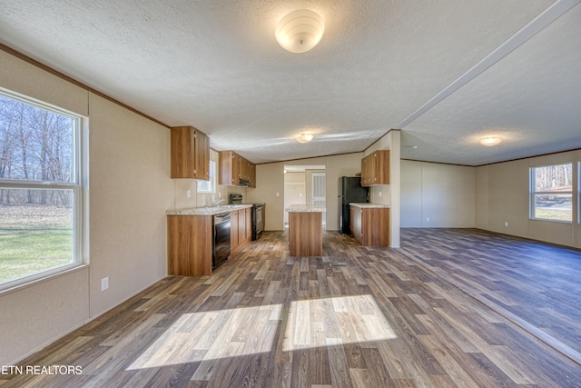 kitchen featuring a textured ceiling, plenty of natural light, and dark hardwood / wood-style floors