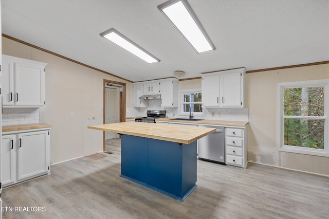 kitchen featuring butcher block counters, white cabinets, light wood-type flooring, and appliances with stainless steel finishes