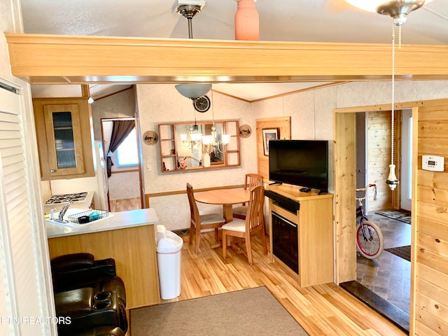 living room with light hardwood / wood-style floors and lofted ceiling